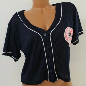 Victorias Secret Pink Mesh Jersey Crop Top Button Up Shirt Large MLB Yankees
